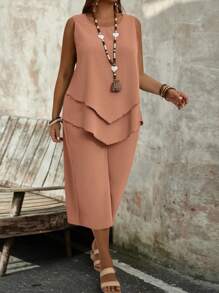 EMERY ROSE 大码女式简约绿色无袖上衣和七分裤两件套 - 珊瑚粉 - 查看 5