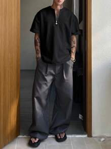 DAZY 男士纯色 1/3 拉链领灰色纹理面料 T 恤，夏季 - 黑色 - 查看 4