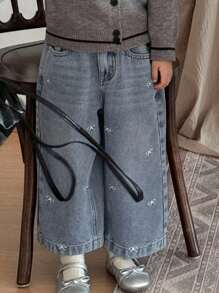 Dazy Kids 女童蝴蝶结刺绣牛仔裤，年轻女孩秋装 - 藍色 - 查看 5