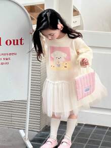 DAZY Young Girls Round Neck Knitted Fleece Printed Contrast Mesh Dress, Fall,Winter - Beige - View 4