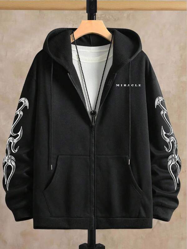 Manfinity Homme Plus Size Men's Letter Print Long Sleeve Zip Front Pocket Drawstring Hoodie Sweatshirt