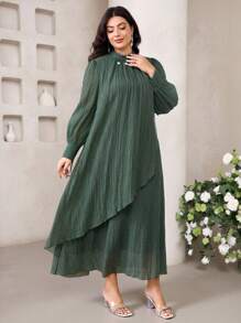Veilorie Vestido holgado y elegante de manga larga con mangas largas y bajo de unicolor con perlas falsas para mujer de talla grande - Verde Oliva - Ver 7