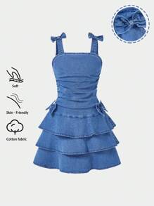 Girls' Casual Soft Washed Denim Dress With Bowknot Decor, Elastic Waist Patchwork Dress, Lightweight Summer Teen Girls Blue Denim Dress Girls Ruffle Dress Girls Tiered Denim Dress Fall Winter