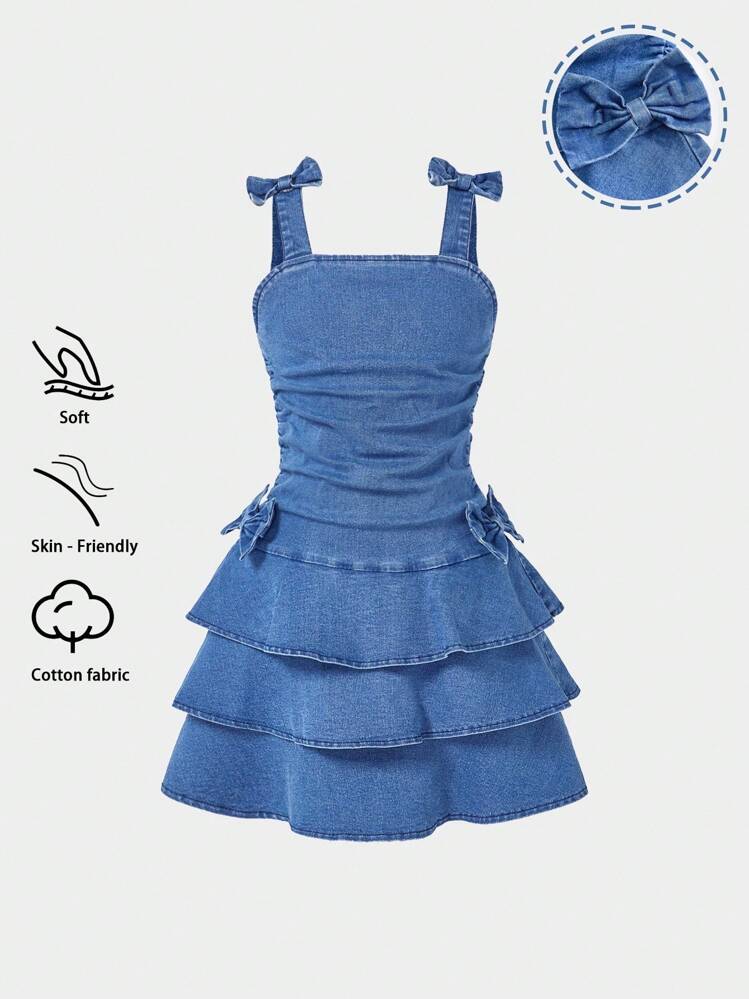 Elladie kids Girls' Casual Soft Washed Denim Dress With Bowknot Decor, Elastic Waist Patchwork Dress, Lightweight Summer Teen Girls Blue Denim Dress Girls Ruffle Dress Girls Tiered Denim Dress Fall Winter - Medium Wash - View 3