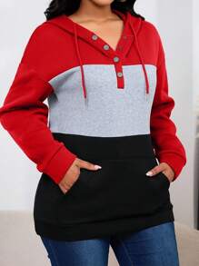 Women's New Contrast Color Patchwork Hooded Single-Breasted Drawstring Pullover Casual Sports Fitted Curve-Flattering Long Sleeve Half-Zip Sweatshirt With Pockets, Fleece Lined - Multicolor - View 4