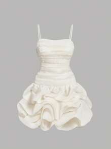 SHEIN MOD Robe de bal bouffante romantique mignonne couleur abricot avec ourlet en bouton. Robe blanche à volants. Robe de graduation blanche. Robe de fête blanche pour enterrement de vie de jeune fille, robe d'anniversaire pour femmes, robe de fête, robe de bal des finissants