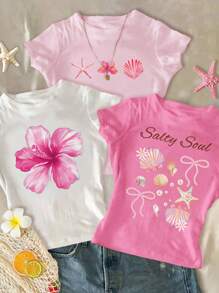 3 件套青少年女孩休闲简约圆领短袖高腰短款常规 T 恤，适合夏季 - 彩色 - 查看 1