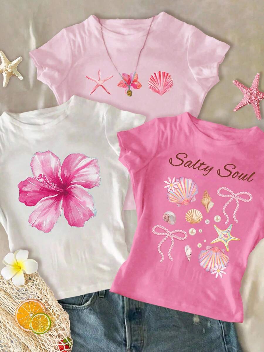 3 件套青少年女孩休闲简约圆领短袖高腰短款常规 T 恤，适合夏季 - 彩色 - 查看 1