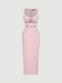 SHEIN MOD Women's Rhinestone Embellished Pink Straight Crew Neck Dress - Pink - View 1