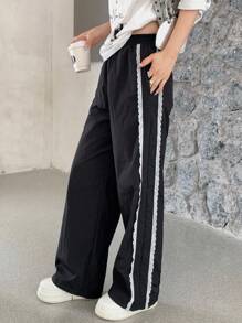 SHEIN Quần dài thường ngày dệt trơn màu chắp vá hai lớp nhún bèo cho bé gái tuổi teen - màu đen - Xem 3