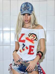 Paul Frank X ROMWE Áo thun nữ Y2K in hình lá cờ Mỹ LOVE, ôm sát vai không đối xứng - trắng - Xem 6