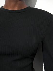 Maija Women's Black Crew Neck Long Sleeve T-Shirt, White Contrast Bowknot Backless Slim Fit Solid Color Casual Top, Early Spring, Valentine's Day Modest Going Out Tops - Black - View 2