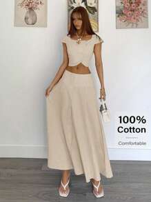 Siren Gaze 女士纯色单排扣短袖露脐上衣和半裙休闲两件套夏季 - 杏色 - 查看 6