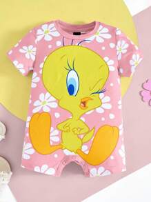 LOONEY TUNES X SHEIN Pelele informal y lindo con estampado de flores y dibujos animados para bebé niña