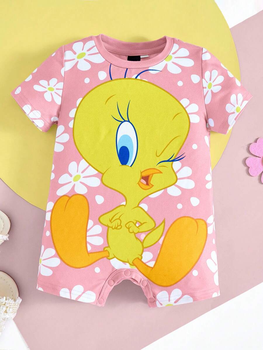 LOONEY TUNES X SHEIN Pelele informal y lindo con estampado de flores y dibujos animados para bebé niña