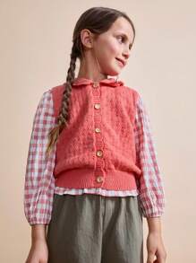 SHEIN Young Girl Casual Daily Simple Solid Color Shell Trim Lapel Sleeveless Button Front Cardigan, Autumn Fall Winter - Orange - View 3
