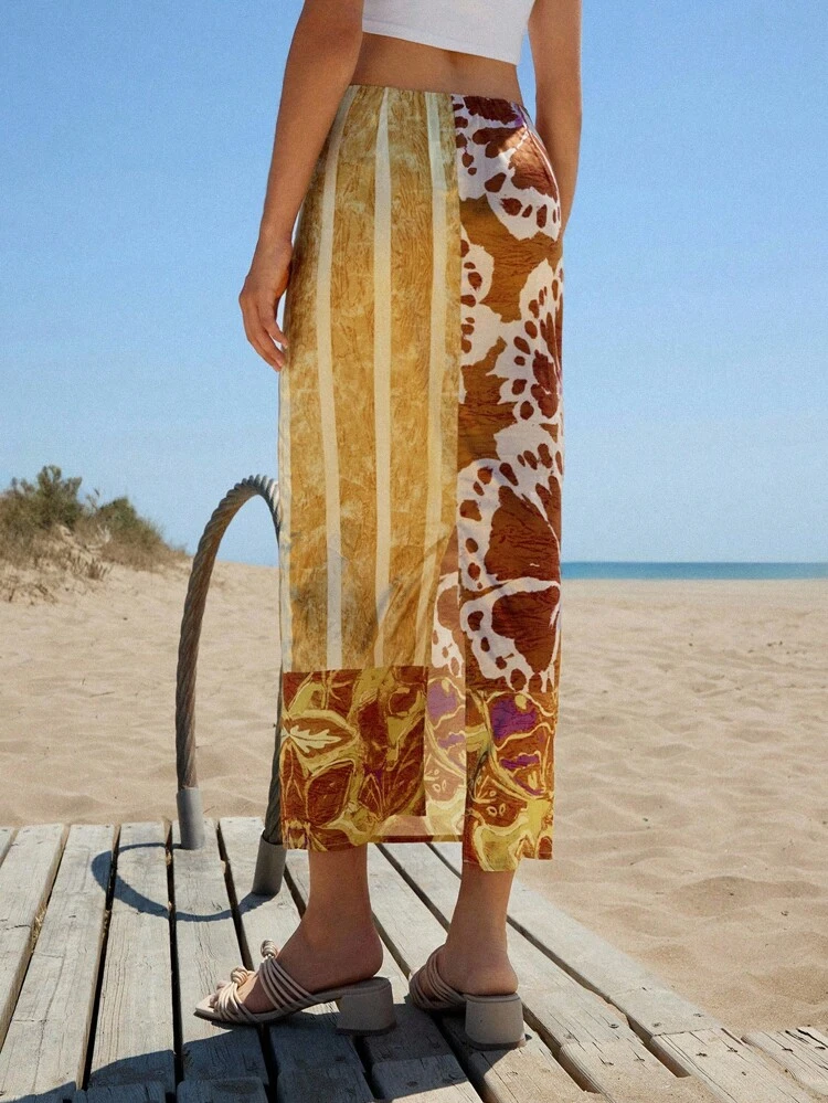 SHEIN Maija 女性用パッチプリントロング ストレートスカート、バカンス、ボヘミアン調の服、コンサート、ウエスタンスタイル、誕生日、夏服、ボヘミアンスタイルの服