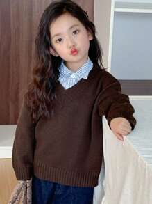 DAZY Girls V-Neck Loose Casual Sweater, Young Girl Fall Clothes - Coffee Brown - View 8