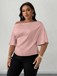 Maweii 大码女式性感不对称肩部荷叶边短袖优雅休闲衬衫，面料舒适，适合春、夏、秋季日常穿着及通勤。 - 藕粉色 - 查看 4
