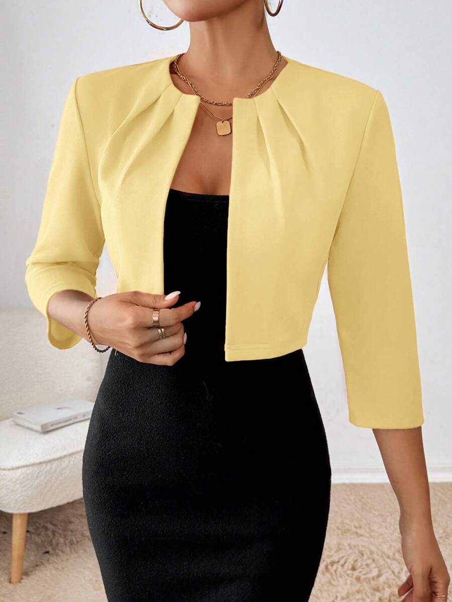 SHEIN Essnce Women's Solid Color Round Neck Casual Pleated Cropped Blazer In Fall/Winter - Yellow - View 1