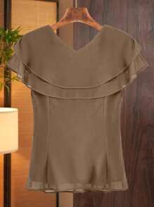 GlowEve 女式优雅纯色荷叶边下摆衬衫，夏季 - 卡其色 - 查看 2