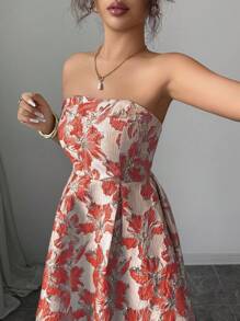 Elenzga Váy midi trễ vai họa tiết hoa thanh lịch thời trang dành cho nữ - Đỏ - Xem 6