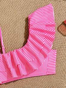 Conjunto de bikini a rayas amarillas para niñas preadolescentes, traje de baño de 2 piezas con parte superior con volantes, elegante y de moda, adecuado para nadar, vacaciones y verano - Rosa Fucsia - Ver 3