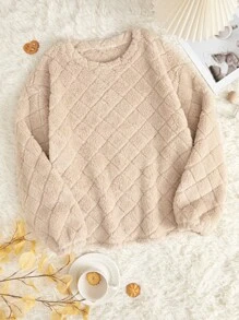 CoupledUp Women's Solid Color Drop Shoulder Cozy Homewear Lounge Top, For Fall Winter, Fluffy - Apricot - View 2