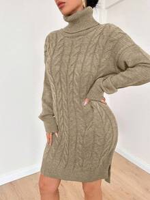 EURMUSE 棉质中长款女式针织上衣，采用复杂花卉针织，翻领，腰带和不对称下摆 - 駝色 - 查看 5