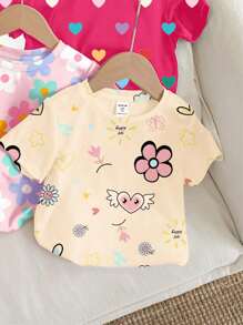 SHEIN 4pcs/Set Baby Girl Casual Minimalist Round Neck Short Sleeve T-Shirt, Suitable For Spring/Summer - Multicolor - View 6