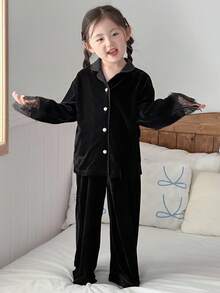 DAZY Young Girl Lace Patchwork Long Sleeve & Long Pants Pajama Set Fall,Winter - Black - View 3