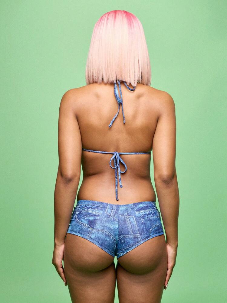 SUMWON Denim Bikini Swimsuit Triangle Halter Top Cheeky Bottom Beach Pool Party Festival Beachwear Summer Vacation Reversible Adjustable Tie String Bathing Suit