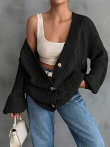 EURMUSE Women Cable Knit Detailed Long Cardigan - Black - View 2