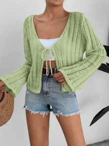 EURMUSE 度假休闲纯色镂空针织系带开衫 - 青檸色 - 查看 3