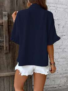 Breezaya 女士休闲宽松纯色百搭衬衫，舒适简约，适合夏季 - 藏蓝色 - 查看 2