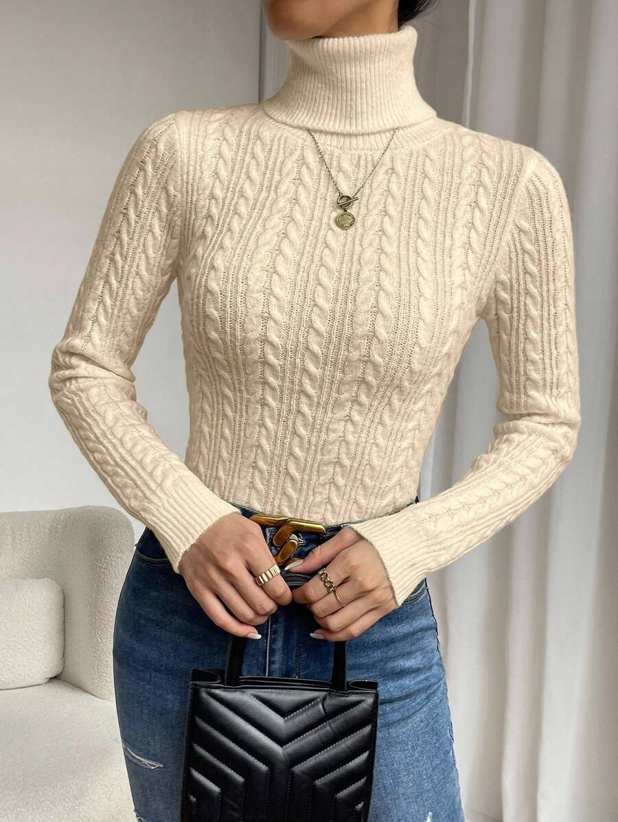 SHEIN Raffinéa Casual Solid Color Turtleneck Slim Fit Sweater, Autumn/Winter Knit Pullover Fall - Apricot - View 1