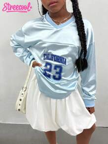 2pcs Tween Girl Casual Set: Loose Fit Colorblock Number Print V-Neck T-Shirt + Fresh White Floral Mini Skirt, Street Style Outfit For Fall/Spring - Blue and White - View 6