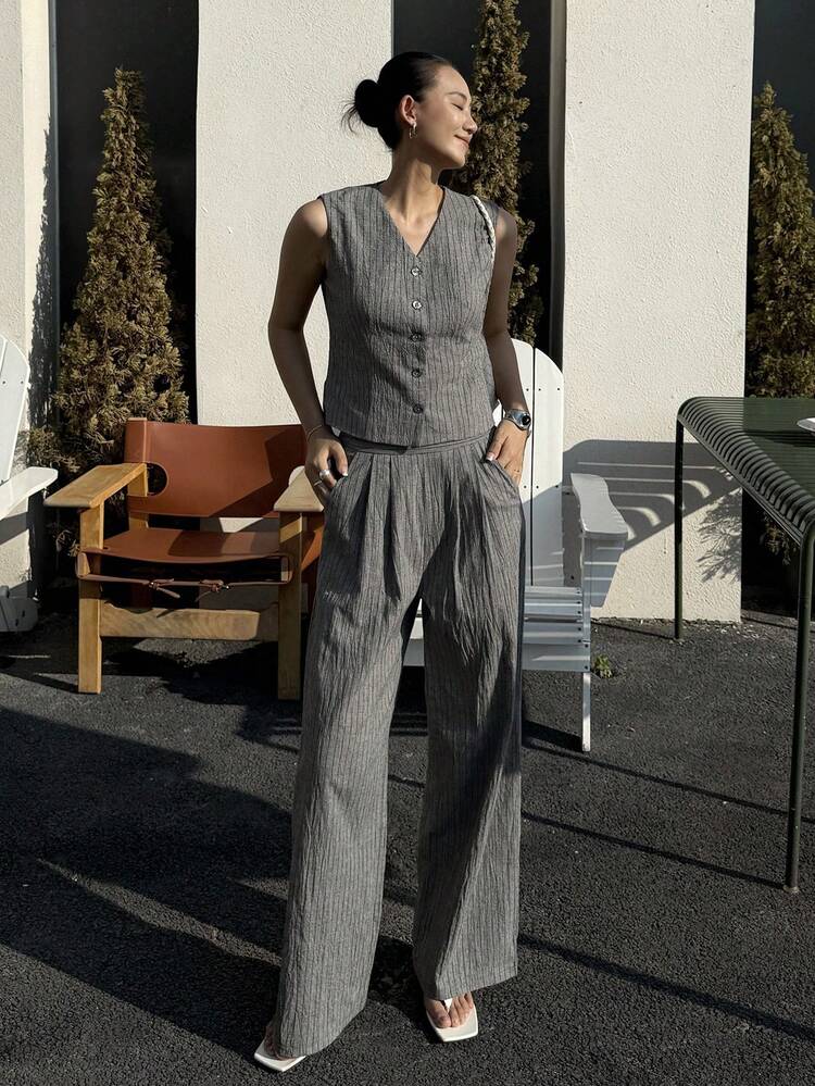 Women's Casual Commuter Striped Vest And Pants 2 Pieces Set, Summer