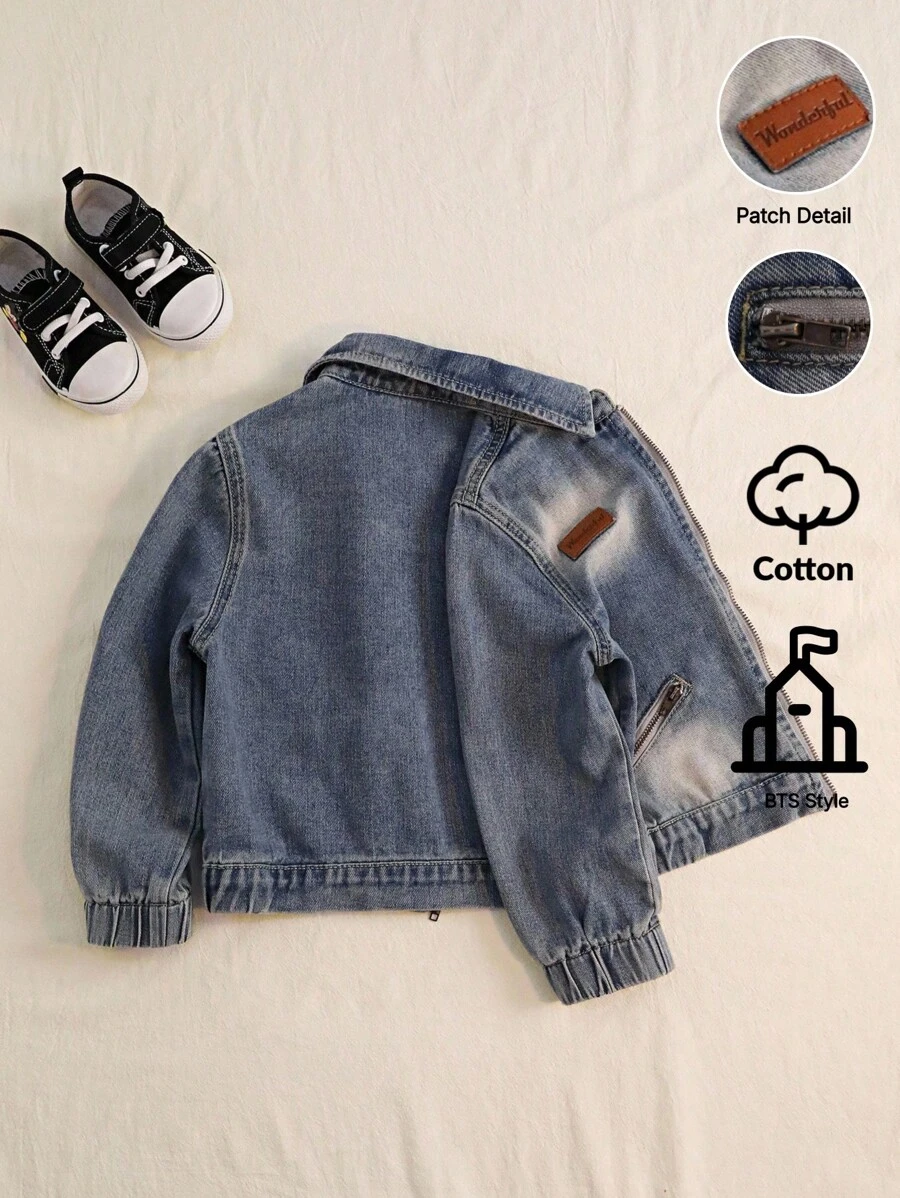Denimly Spring & Autumn New Young Boy Retro Vintage Denim Jacket. Classic Denim Blue With Distressed Washing Technique Creates A Fashionable Vintage Vibe. Featuring A Collared Neck And Decorative Zipper Pockets, This Jacket Combines Aesthetics And Visual Layering. Metal Zipper Closure Makes It Easy To Put On And Take Off. Suitable For Daily Outings, School, Family Gatherings, Outdoor Activities, Etc. An On- Item That Easily Transforms Boys Into Stylish Kids! - Medium Wash - View 1