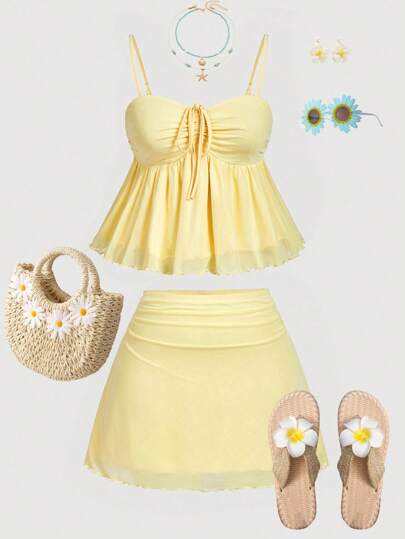 SHEIN MOD 大码女士细肩带吊带背心和迷你裙套装，黄色女士两件套服装