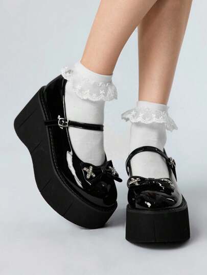 Goth Women's Platform Mary Jane Shoes, Round Toe, Adjustable Strap, PU Shiny Upper, Cute Bow Decor, Stylish Casual Suitable For Commute And Party