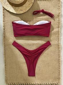 Swim Mod Set Bikini Seksi Wanita Warna Polos dengan Tali Bahu Tipis dan Hiasan Bintang Laut dari Logam, Musim Panas - Merah - View 2