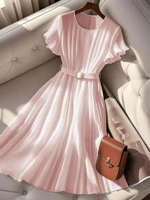 Franclia 优雅长款法式休闲腰带连衣裙，适合夏季穿着，适合大学生穿着。