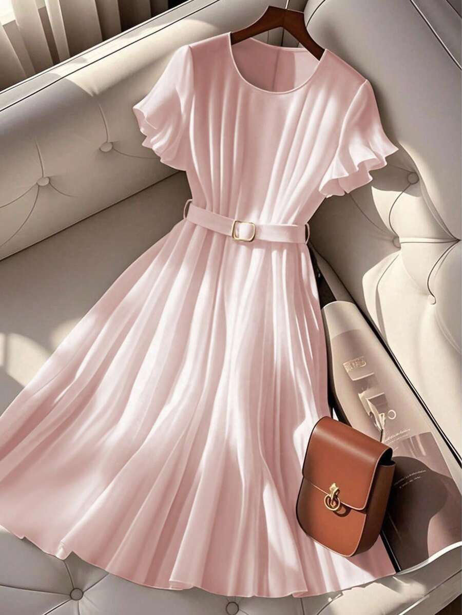 Franclia 优雅长款法式休闲腰带连衣裙，适合夏季穿着，适合大学生穿着。