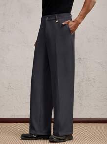 AKNOTIC Business Casual 男士梭织长款中腰直筒休闲裤，适合日常穿着、春夏季、度假、派对、婚礼、毕业礼物 - 深灰色 - 查看 1