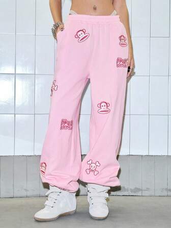 Paul Frank X ROMWE Damen Lässig Hose mit Buchstaben- und Affen-Stickerei, Gummibund