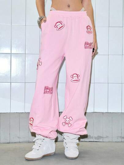 Paul Frank X ROMWE Women's Casual Letter & Monkey Embroidery Elastic Waist Pants