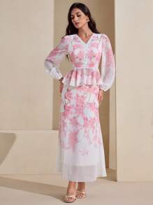 Graceveil 女式渐变色印花 V 领长袖上衣和修身半身裙两件套