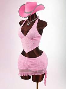 Amplova 女式性感亮片露背吊带上衣和迷你裙两件套