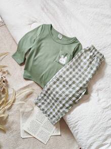 SHEIN Vintaside Kids 2 件女婴春秋兔子印花长袖 T 恤和格子休闲裤套装，时尚舒适 - 綠色 - 查看 5